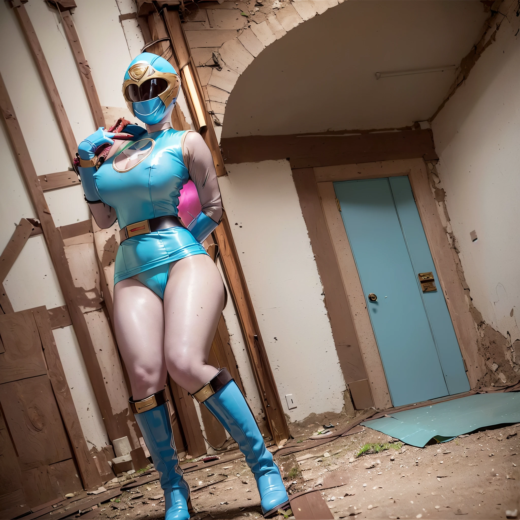 Araffe in a blue latex outfit and blue boots poses in a room - SeaArt AI