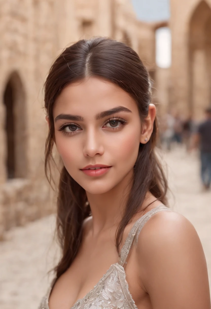 ((iraqi dark skin, iraqi attractive 18 year old teen)), ((her beauty is undeniable)), ((excited cute face)), ((hyper detailed perfect eyes,)), ((cute pose)), ((seductive )), sexy, (( ponytail hair,)), (( skin)), ((standing, front view)), ((outdoors, public city)), sharp focus cgi, photorealistic, high detail, realistic, masterpiece, absurdres, best quality, HDR, high quality, high-definition, extremely detailed, 8k wallpaper, intricate details, 8K uhd, Full-HD, (realistic photo:1.2), contrast, harsh lighting, cinematic lighting, natural lighting, hard light, backlighting, global illumination, ambient occlusion, naked