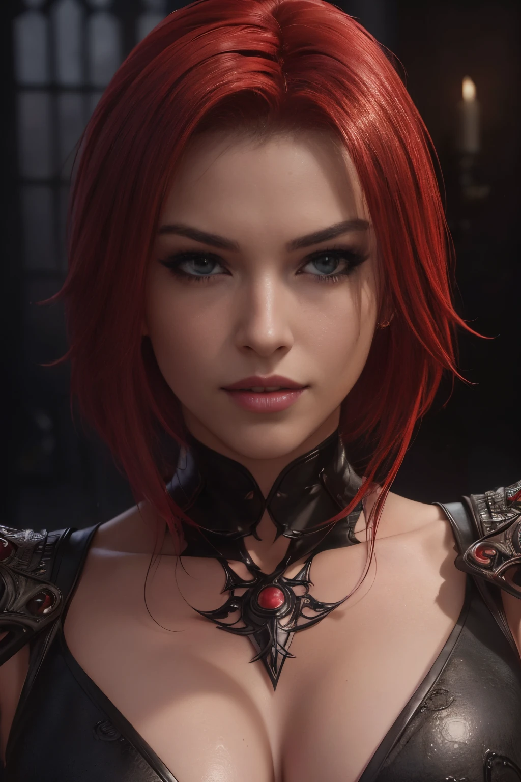 (best quality,4k,8k,highres,masterpiece:1.2), ultra-detailed, (realistic,photorealistic,photo-realistic:1.37), beautiful detailed eyes, beautiful detailed lips, extremely detailed face, long eyelashes, flawless skin, exquisite facial features, radiant complexion, captivating gaze, alluring smile, sensual lips, dark fantasy, a beautiful woman, finely crafted facial Rayne from game the BloodRayne features, intricate brush strokes, beautiful lighting, Cinematic, Color correction, stylized anatomy, short red hair, full body, evil smile and a look from under the brows, sensual atmosphere, artistic lighting , (cool colors), damp, reflections, (masterpiece) (perfect aspect ratio), (realistic photo), (best quality), (detailed)