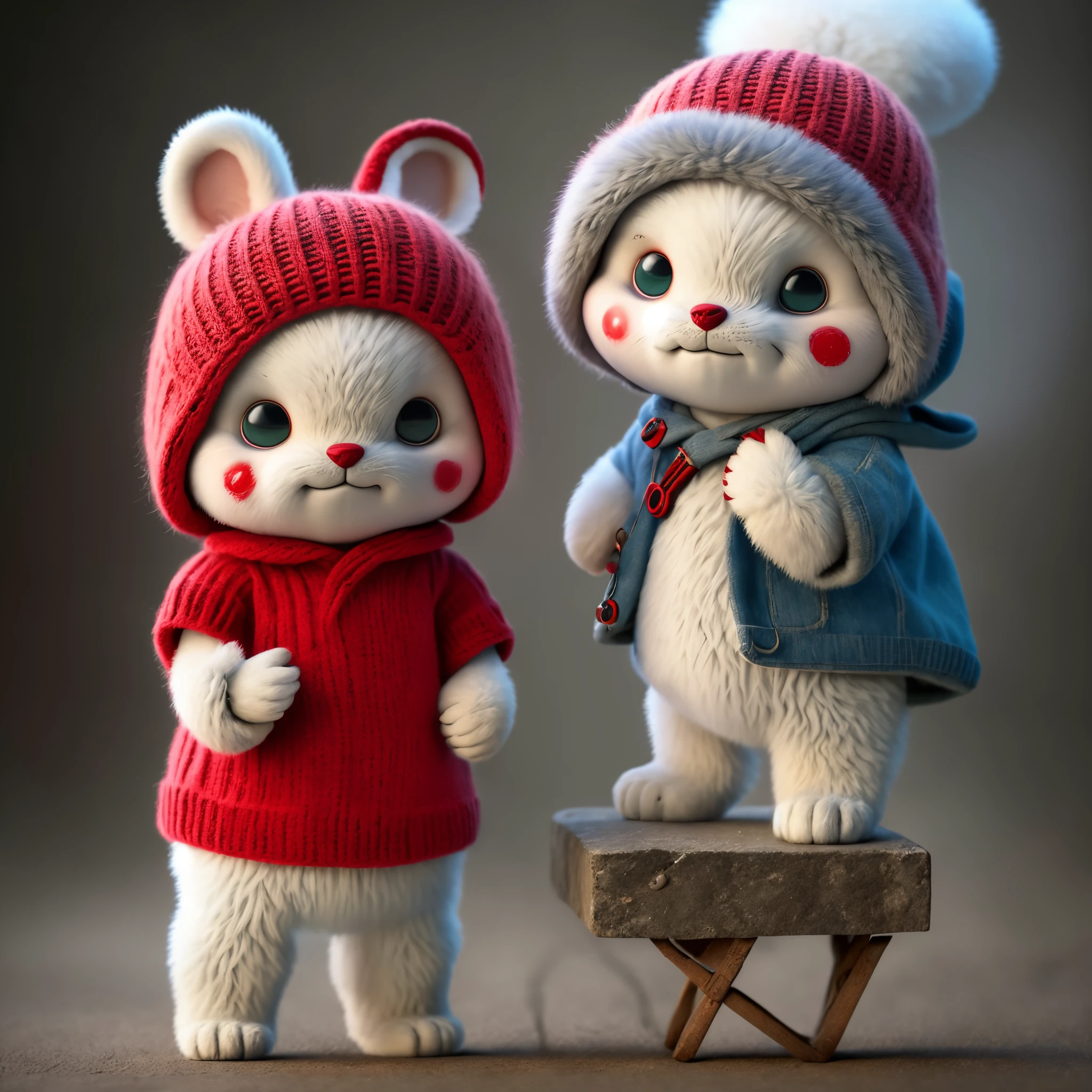 Two white rabbits dressed in red and blue standing next to each other -  SeaArt AI