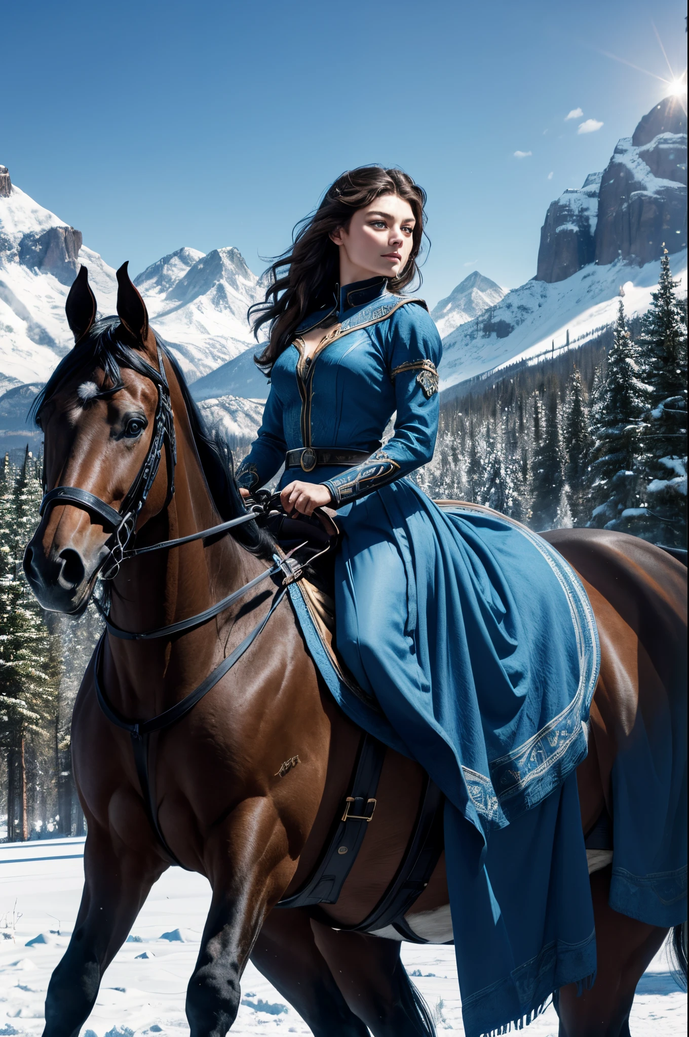 Woman in blue dress riding a horse in the snow - SeaArt AI