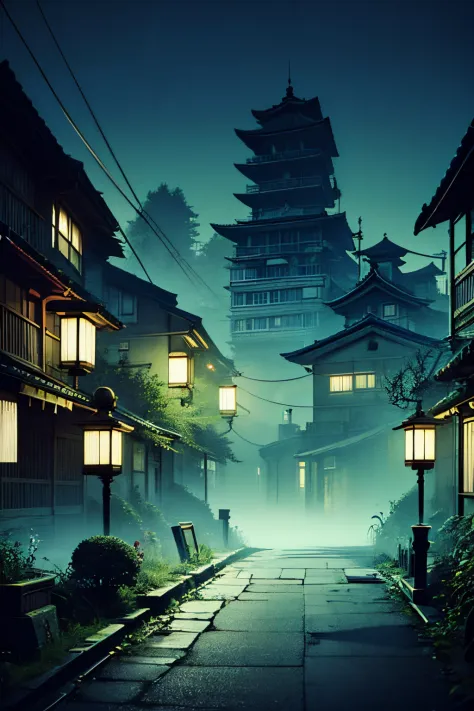 zerostylebg, japanese horror ruins landscape at night,