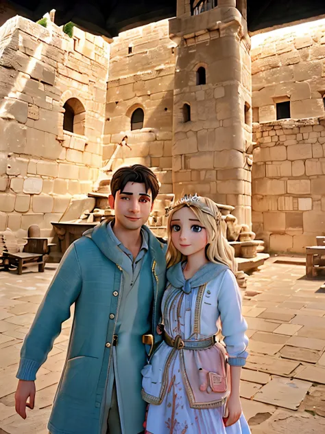 there is a man and woman standing in front of a building, with towers, with a castle in the background, mardin old town castle, ...