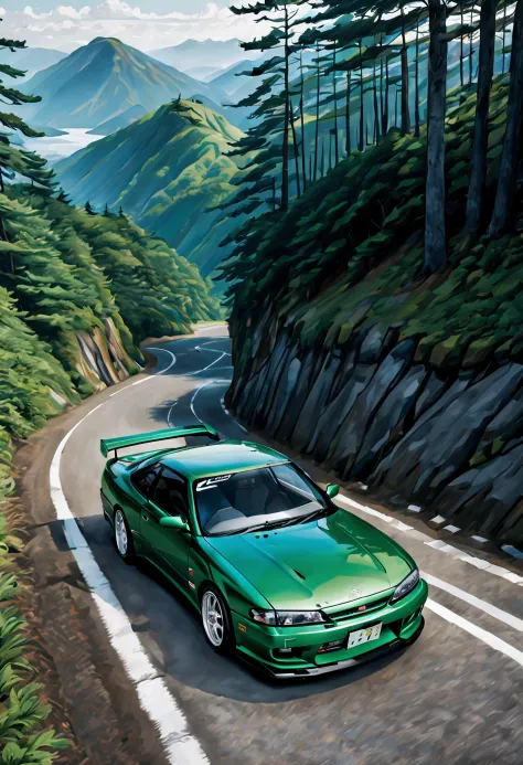 a kobaldgreen nissan silvia s14 kouki at the start of a mountain road in japan, ready for the toge with its details subtly chang...