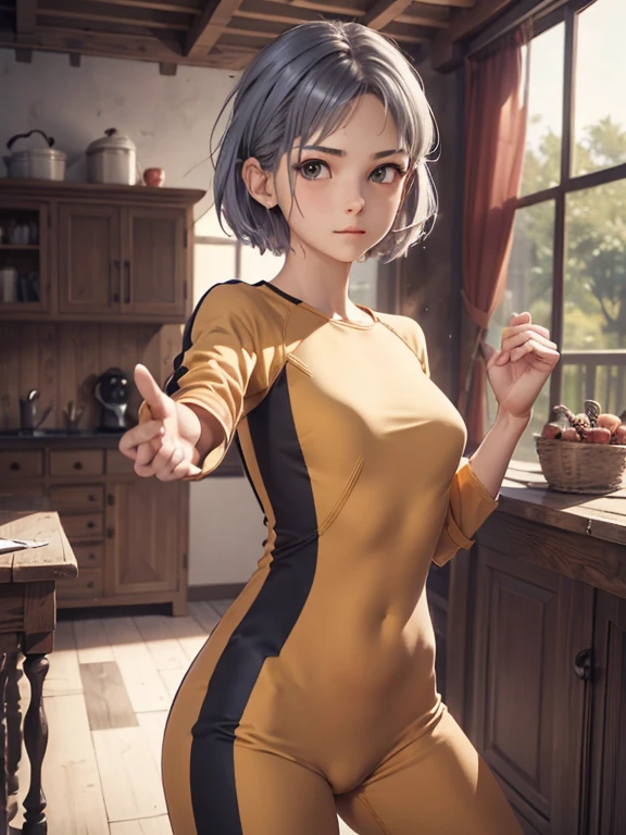 (masterpiece), (Best Quality), High resolution, Ultra Detail, photorealistic, 8K, intricate face, Detailed body, Detailed face, Beautiful, 
BREAK
(1girl, Beautiful girl, middle breasts), (short blue hair, grey eyes), 
BREAK
bruceleejumpsuit, torn clothes, Striking an action pose, fighting pose, dilapidated wooden house, indoor