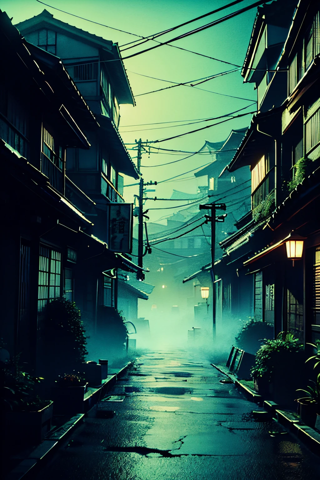 , HORROR GAME ZERO STYLE BACKGROUND, japanese Horror city at night,