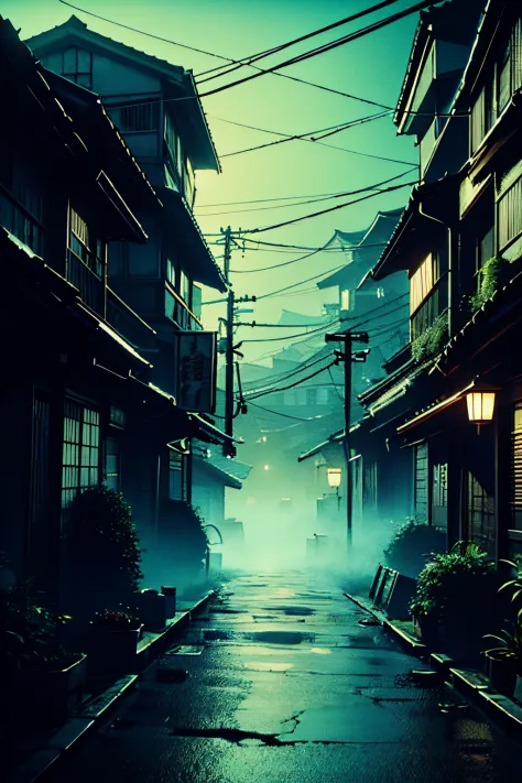 , horror game zero style background, japanese horror city at night,