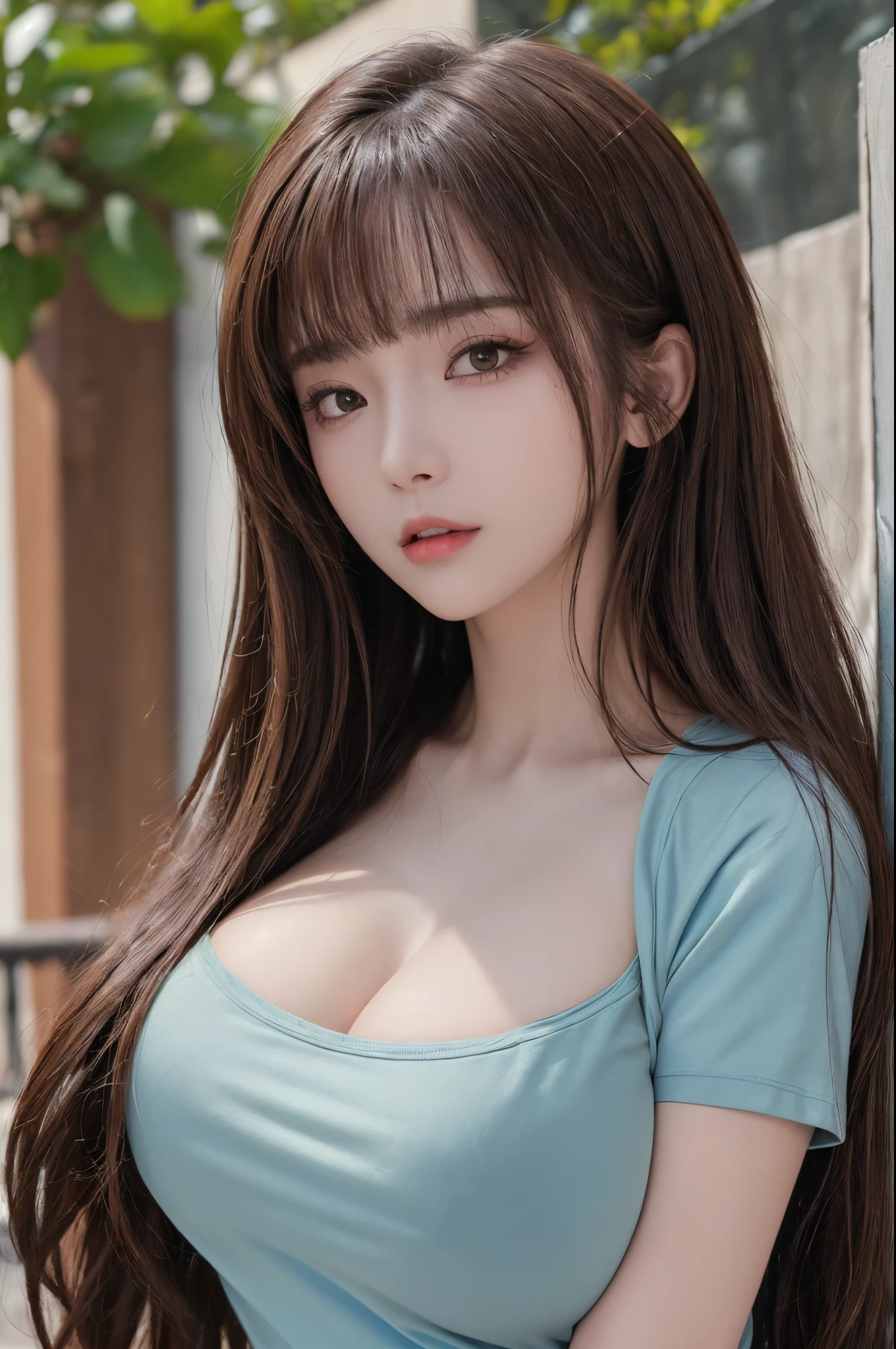 ((top quality, 8k, masterpiece: 1.3)), sensual woman, 1 girl, (slender figure: 1.2), dark brown hair, (outdoor, shirt, shorts: 1.1), ultra detailed face, detailed lips, detailed eyes, double eyelids, (huge breasts: 1.2)