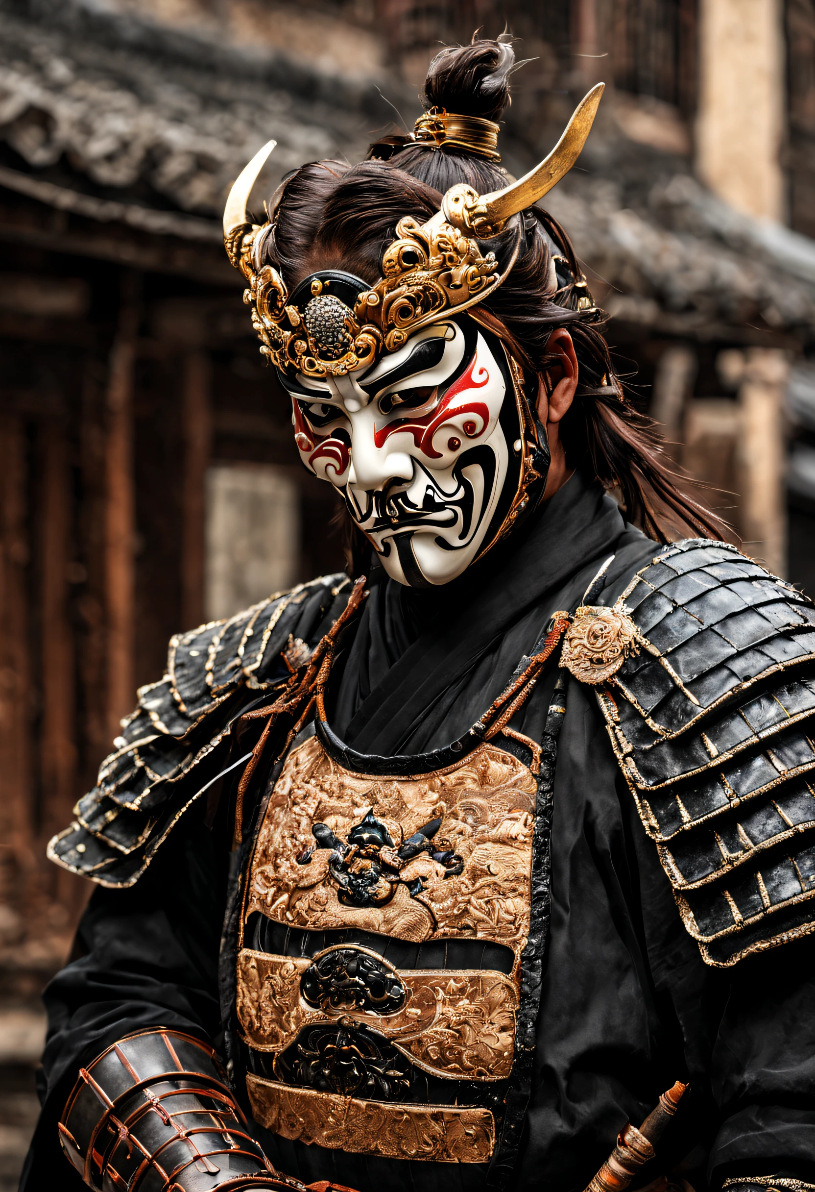 A mysterious Japanese warrior ronin with magnificent mask in portrait, the atmosphere is heavy and sad. It's very detailed and in the atmosphere of the old quarter of the time