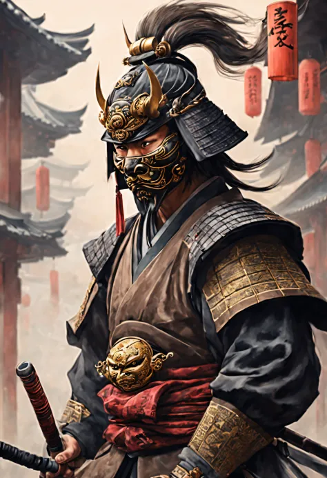 A Japanese warrior ronin with magnificent mask in portrait, the atmosphere is heavy and sad. It's very detailed and in the atmos...