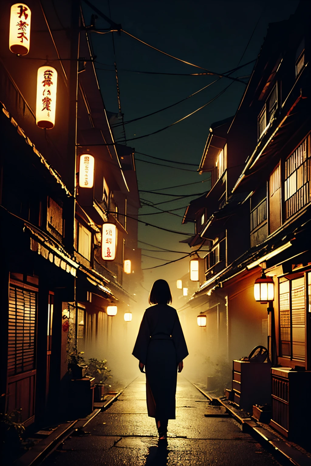 , HORROR GAME ZERO STYLE BACKGROUND, japanese Horror city at night,