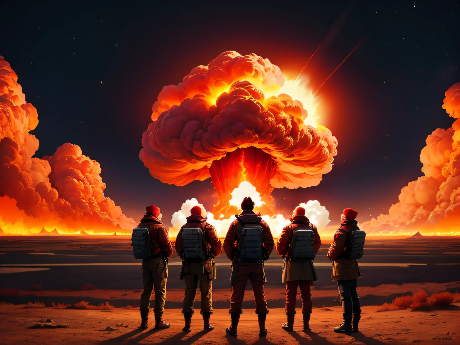 A group of people standing in front of a nuclear explosion - SeaArt AI