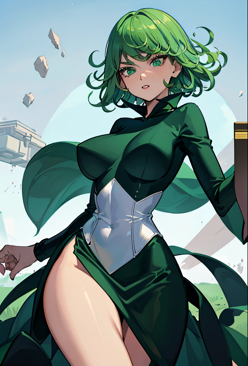 (beste-Qualit, 8K, 12), 1 girl, tatsumaki, Short Hair Hair, green hair, Huge-breasts, , the perfect body, ultra detail face, detailed lips, Slender Eyes, gown, stands, enticing, Excited, convex areolas, steam, From Bottom