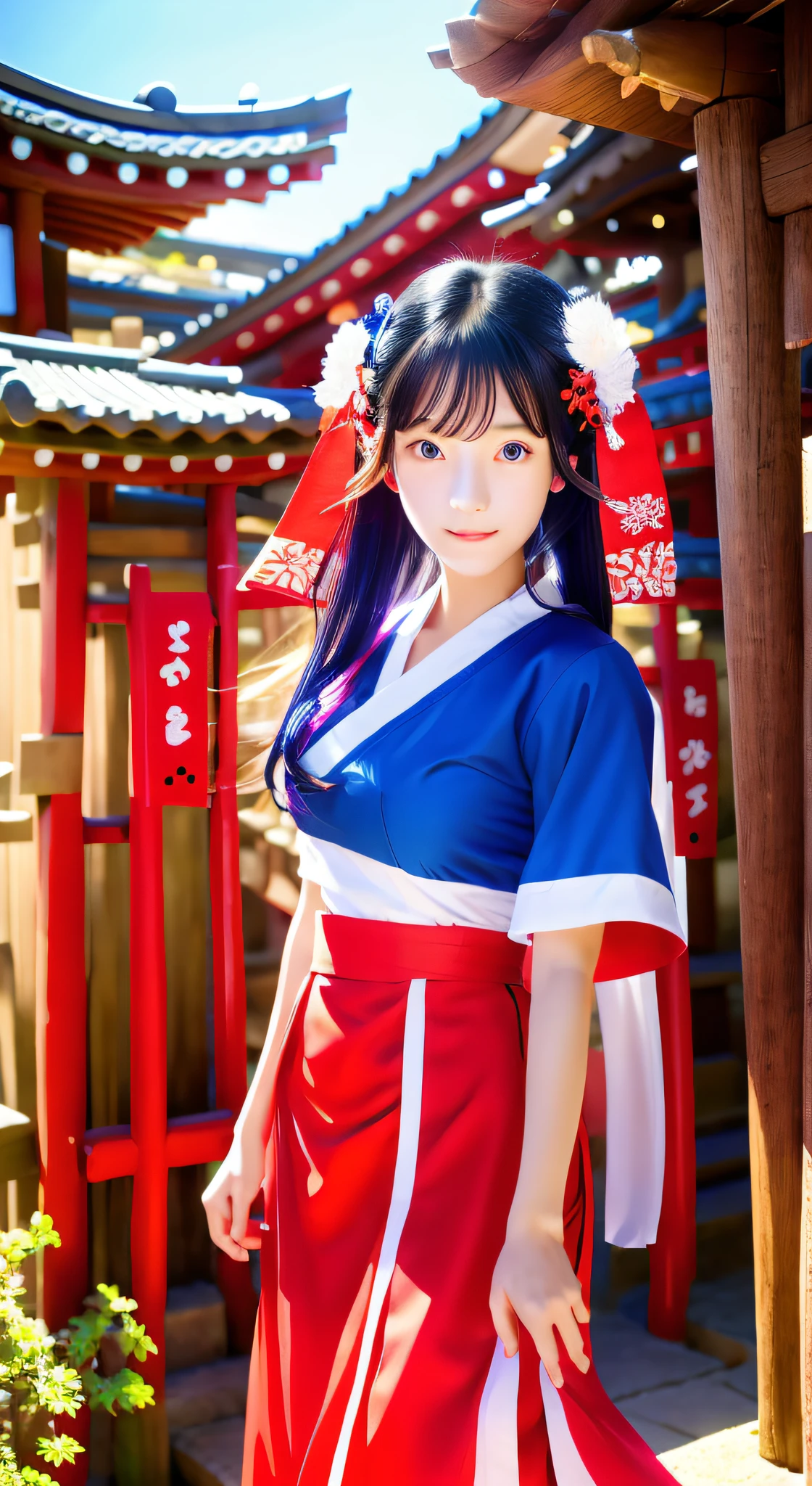 (杰作:1.2、顶级品质)、(动态照明)、(日本人 shrine maiden)、((穿着女祭司的衣服))、日本人、双尾、全身艾斯比亚、1女士、独奏、长的、(还有、一条红裙子)、(保守党已经准备好了)、高品质、杰作、超高分辨率、一个美丽的女孩、可爱的女孩的脸、非常漂亮的脸、现实主义的、日本神社境内、25岁、女性、眼睛里的光、大眼睛、看着相机