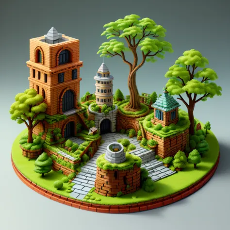 absurderes, best quality, fantasy, isometry, kneeling style (miniature brick round tower:1.2), tree, stone wall, (simple backgro...