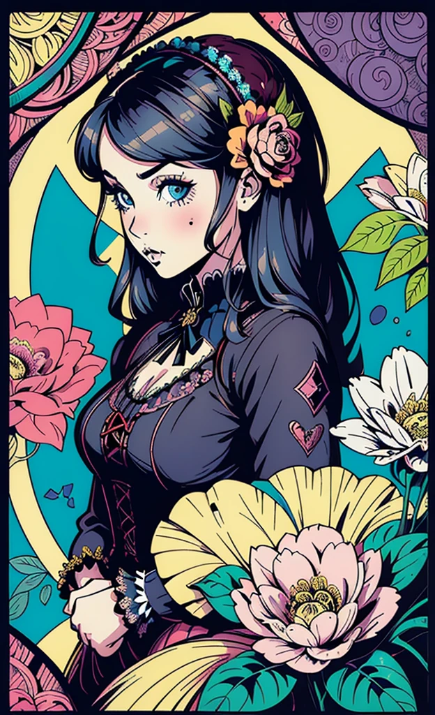 (masterpiece, top quality, best, official art, beautiful and aesthetic:1.2),
1girl, (pop art:1.4), (zentangle, flower effects:1.2), (art nouveau:1.1),(Gothic Lolita:1.3)