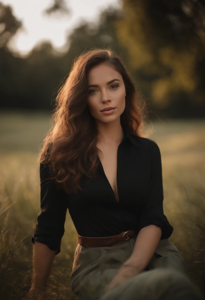 A woman sitting in a field of tall grass with a black shirt - SeaArt AI