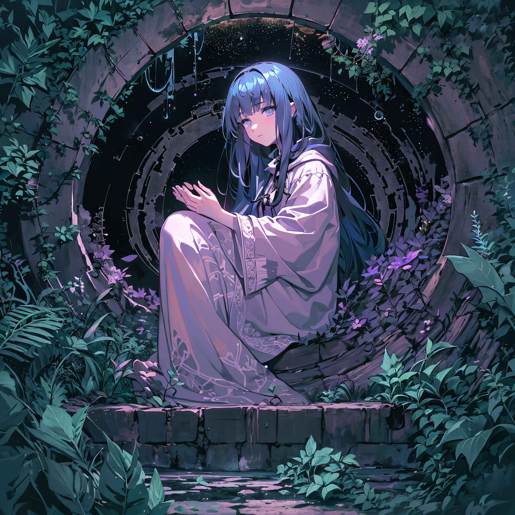 low angle, frontal composition, character focus, in front of (large), (eerie), (pitch black hole that leads to another world in the wall:1.5) of ancient castle that is (decayed and covered with plants:1.2), candles arranged in concentric circles on the floor, (purple flames:1.2), 1 anime girl in the center praying on her knees, (dark blue hair), (short bob), (simple white robes:1.2), wearing a hood, extremely intricate detail, spiritual stillness, depth of fields, incredibly absurdres, super detailed illustration, (extra detailed girl's face:1.5), raw photography, DeviantArt trends, cinematic light.