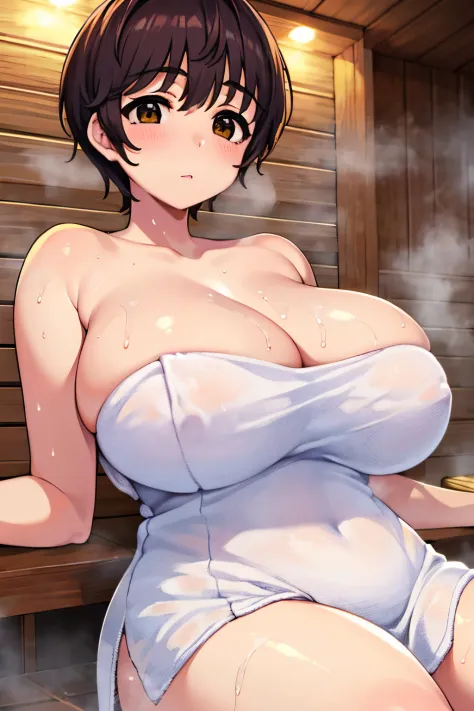 oikawa shizuku, huge breasts, massive breasts, saggy breasts, curvy, naked, hot, cover her body with towel, naked towel, towel dress, wearing a towel, relaxing in a sauna, sauna, steam, shiny skin, oiled skin, wet skin, soft light, warm light, from below, ...