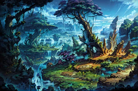 intricate detailed masterpiece, landscape, gufengmap, cosmic background, floating islands with different biomes, clouds, mist, alien landscape, waterfall, mountain, volcano, desert, forest, river, ocean, jungle, stars, mystical, magical, ethereal