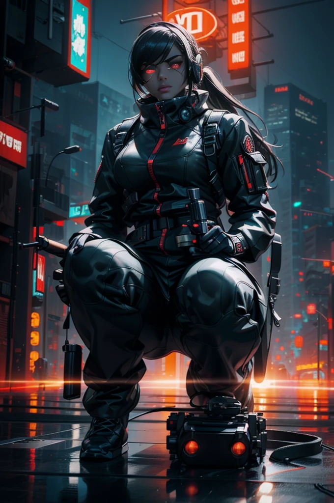 Muscle Special Forces Girl，eyes glowing,  Wearing black special forces equipment, Gun in hand, full bodyesbian, Shoot at knee level, Cyberpunk, neonlight, Futuristic, surrealist, Red，3D, Redshift, Maxon Cinema 4D, Quaixel Megascan rendering, Doomsday colors, Red light, Futuristic, 1/3, High detail, Ultra high quality, illusory engine, 8K,