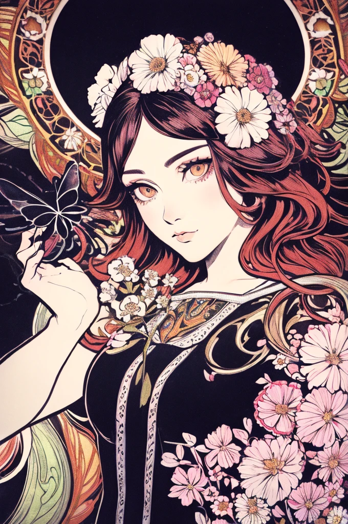 (art nouveau:1.25), Maximalism artstyle,neon theme,suprematism,beautiful detailed flower, beautiful detailed eyes,hyper detailed,flower,hyper quality,,eyes,flower and hair is same color,beautifuly color,face,her hair is becoming flower, flower,hair,flower,butterfly,,1girlkawaii,,high details, high quality,back light,hair and clothes is flower,upper body ,high quality,hair with body ,webbed dress, upper body, flower leg, flower hands,body with flower,    flower with clothes , dress with flower, , light particles,black background,  Hair with flower,small breast with flower,floating hair with flower,floating1girl,small breast,  marbling with hair and clothes, looking at viewer,original,arm down, paper cutting, black background, flower forground,  hair with flower,highres, hair with  flower,hair with flower ,hair,  wavy hair ,diffusion lighting, abstract,Butterfly with  body,   flower with hair, her hair is flower,big top sleeves, floating,pupils, [[hair over one eye]],dark