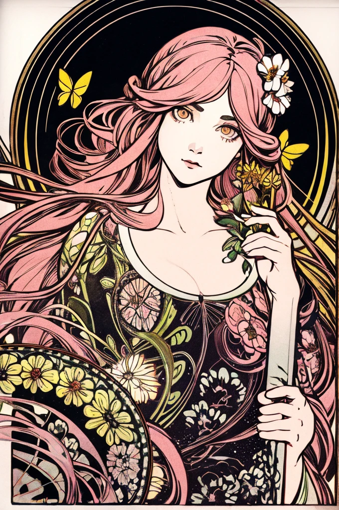 (art nouveau:1.25), Maximalism artstyle,neon theme,suprematism,beautiful detailed flower, beautiful detailed eyes,hyper detailed,flower,hyper quality,,eyes,flower and hair is same color,beautifuly color,face,her hair is becoming flower, flower,hair,flower,butterfly,,1girlkawaii,,high details, high quality,back light,hair and clothes is flower,upper body ,high quality,hair with body ,webbed dress, upper body, flower leg, flower hands,body with flower,    flower with clothes , dress with flower, , light particles,black background,  Hair with flower,small breast with flower,floating hair with flower,floating1girl,small breast,  marbling with hair and clothes, looking at viewer,original,arm down, paper cutting, black background, flower forground,  hair with flower,highres, hair with  flower,hair with flower ,hair,  wavy hair ,diffusion lighting, abstract,Butterfly with  body,   flower with hair, her hair is flower,big top sleeves, floating,pupils, [[hair over one eye]],dark