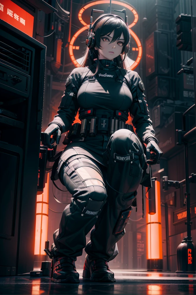 Muscle Special Forces Girl，eyes glowing,  Wearing black special forces equipment, Gun in hand, full bodyesbian, Shoot at knee level, Cyberpunk, neonlight, Futuristic, surrealist, Red，3D, Redshift, Maxon Cinema 4D, Quaixel Megascan rendering, Doomsday colors, Red light, Futuristic, 1/3, High detail, Ultra high quality, illusory engine, 8K,