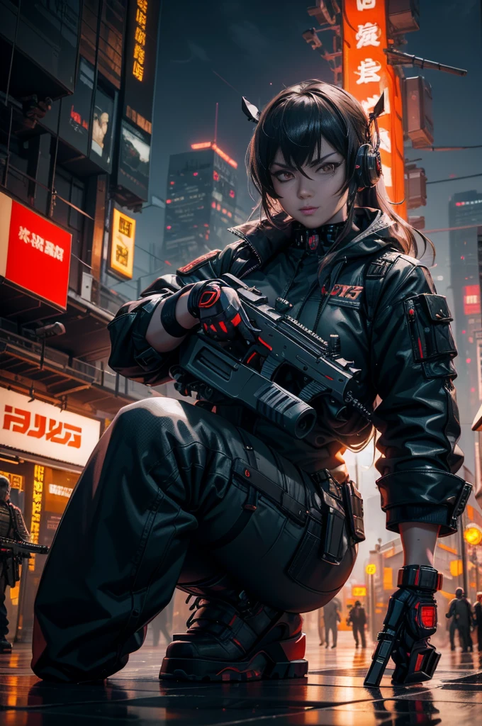 Muscle Special Forces Girl，eyes glowing,  Wearing black special forces equipment, Gun in hand, full bodyesbian, Shoot at knee level, Cyberpunk, neonlight, Futuristic, surrealist, Red，3D, Redshift, Maxon Cinema 4D, Quaixel Megascan rendering, Doomsday colors, Red light, Futuristic, 1/3, High detail, Ultra high quality, illusory engine, 8K,