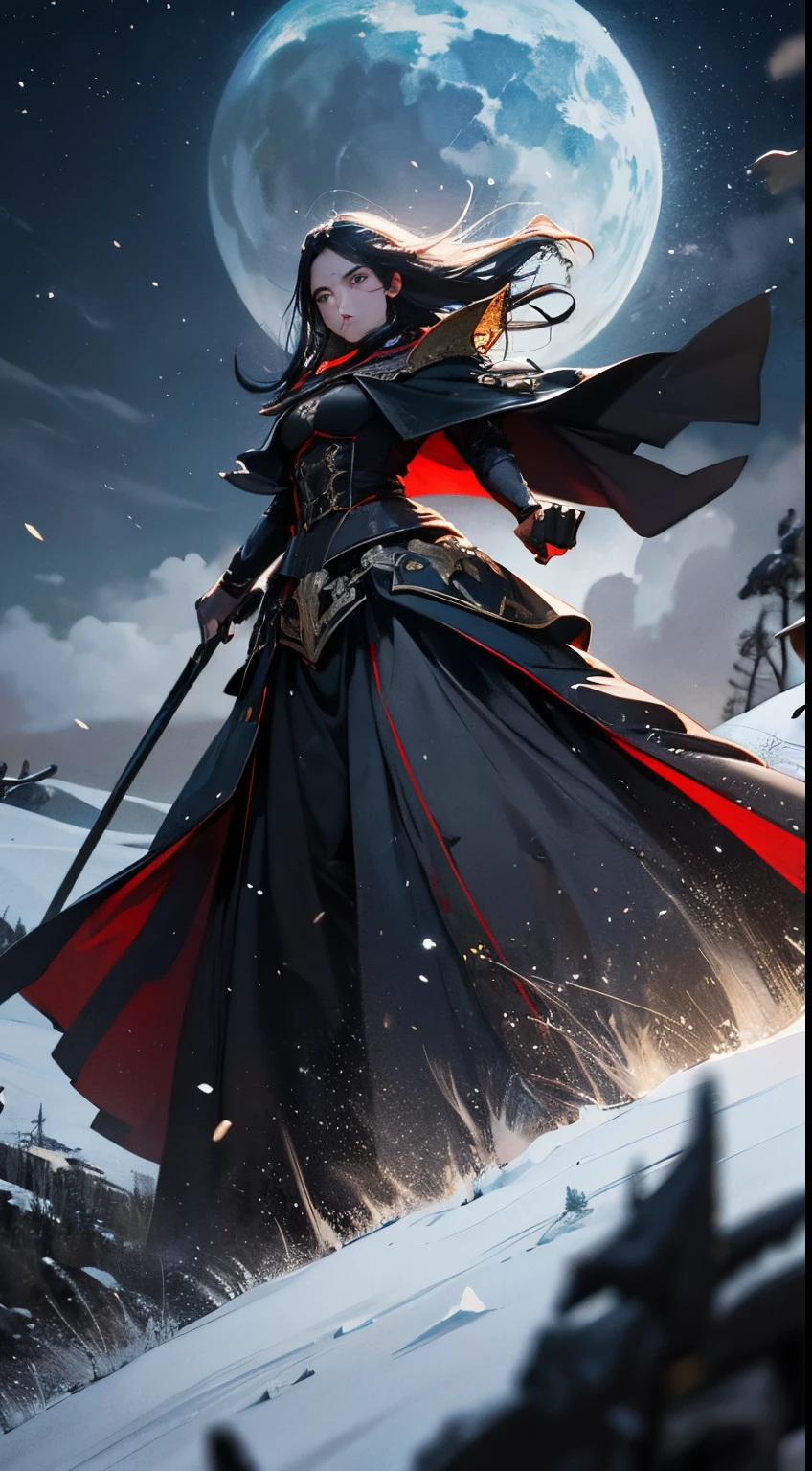 cavaleiro negro espada de 火s amadura medieval, 雪に覆われた森の背景, 燃える木(火) 夜