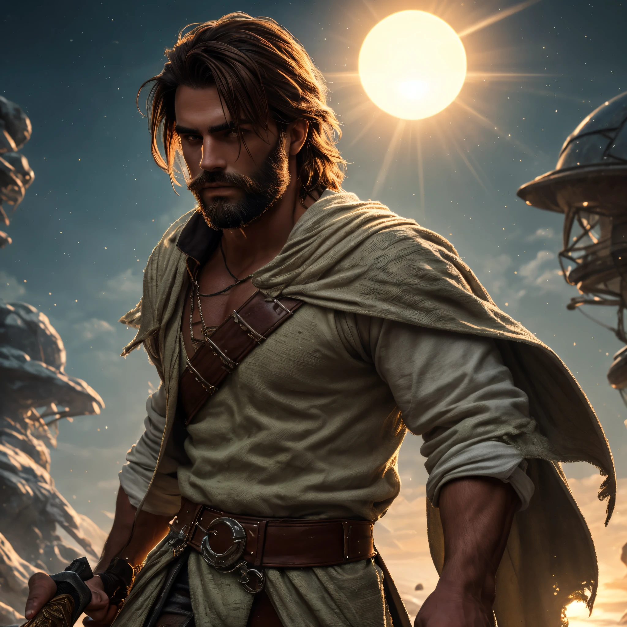 Portrait of a man, muscular, Caucasian, tanned skin, shoulder-length brown hair, pointed brown beard, brown eyes, wearing belt, wearing chainmail shirt, wearing white tunic, wearing white loincloth, (alien planet with 1 large red sun and 1 small green sun), dramatic stance, holding sword hilt, looking at viewer, bokeh, raytracing, realistic textured skin, particle effects, depth of field, beautiful figure painting, bright light, amazing composition, HDR, volumetric lighting, ultra quality, elegant, highly detailed, masterpiece, best quality, high resolution,