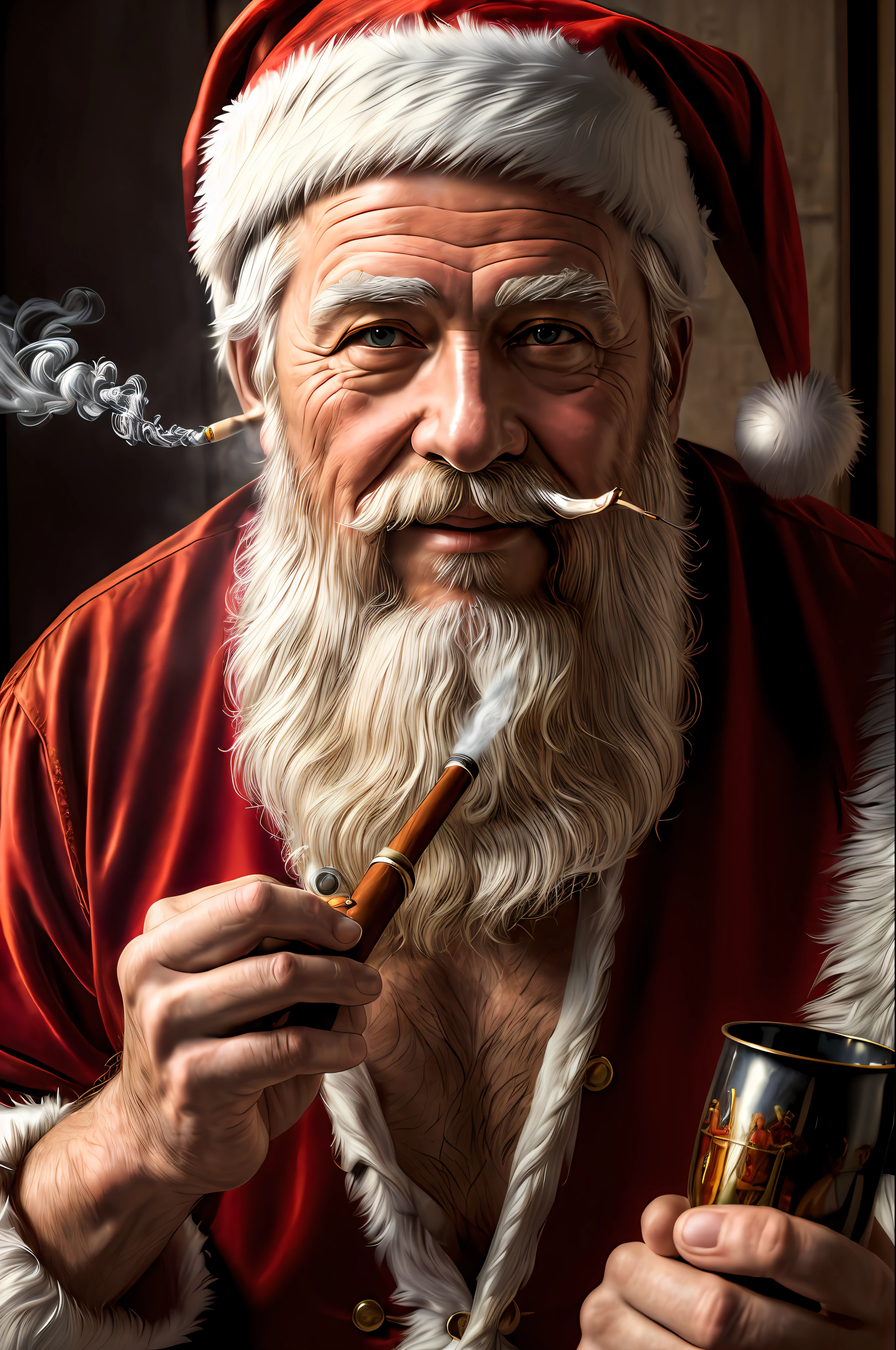 Papai noel fumando cachimbo e fumando um cigarro na boca - SeaArt AI