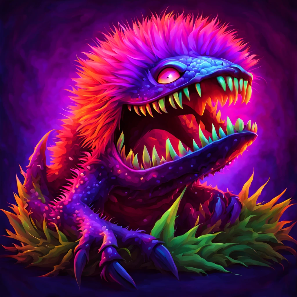 Bright Fenrir Venus Flytrap covered in glowing orange fluffy and fur with vivid purple claws and red glowing eyes massive jaws with razor sharp fangs, best quality, masterpiece, in gradient background art style