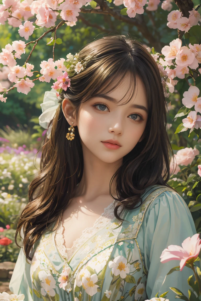 A detailed girl with beautiful eyes and lips, in a garden full of vibrant flowers and lush greenery. The girl is standing gracefully, wearing a flowing dress that matches the colors of the flowers around her. The sunlight spills through the tree branches, casting soft and warm rays on her face and creating a dreamy atmosphere. Her eyes are sparkling with life, and her long eyelashes frame them perfectly. The painting style is a mixture of classical oil painting and contemporary digital art, resulting in a stunning blend of realism and artistic interpretation. The colors are vivid and rich, with a warm color palette that emphasizes the natural beauty of the scene. Every detail is meticulously captured, from the delicate texture of the flowers to the intricate patterns on the girl's dress. The overall composition is balanced and harmonious, inviting viewers to immerse themselves in this enchanting garden.