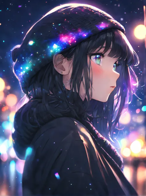 side face focus, eyes focus, cute face, masterpiece, best quality, sharp focus, UHD, 1girl, Black hair, looking at the night sky...