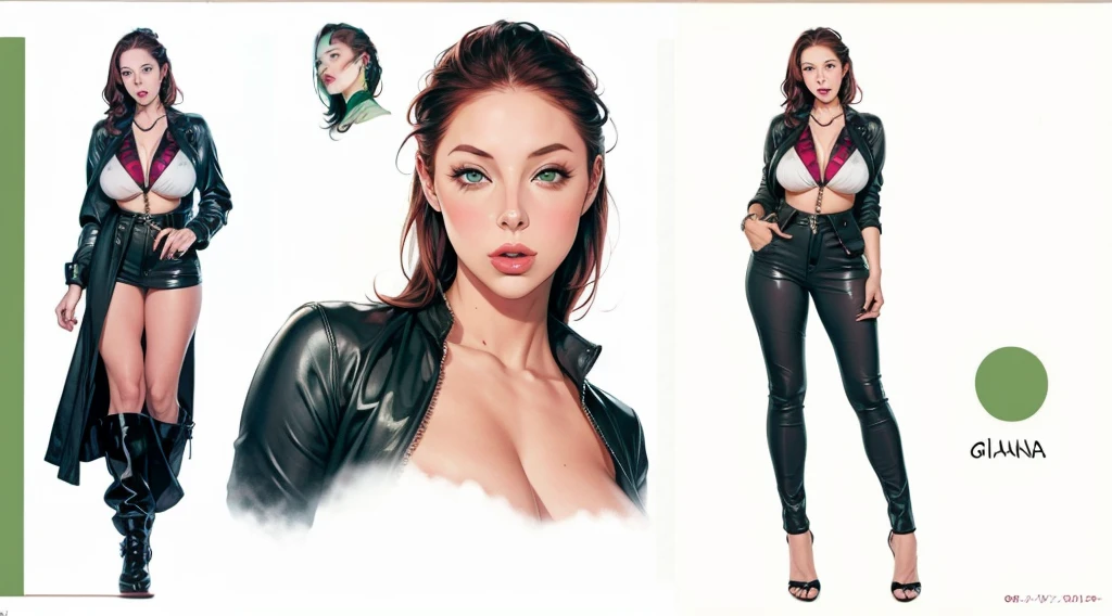 Gianna Michaels, Female original character reference sheet adoptable, redhead, green eyes,