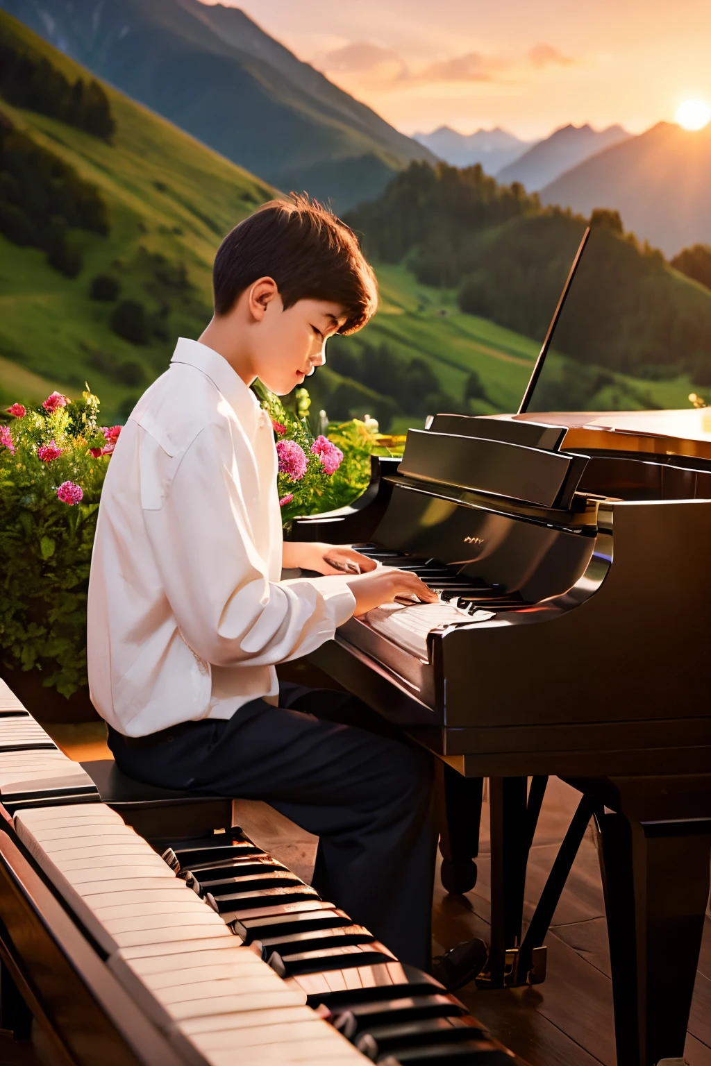 Menino Arafed tocando piano em um pátioMenino Arafed tocando piano em um pátio  