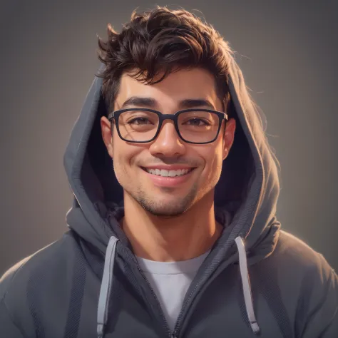 ((piva)) create a high-quality 2d cartoon portrait of a man wearing glasses and a hoodie, displaying a cheerful smile. this port...