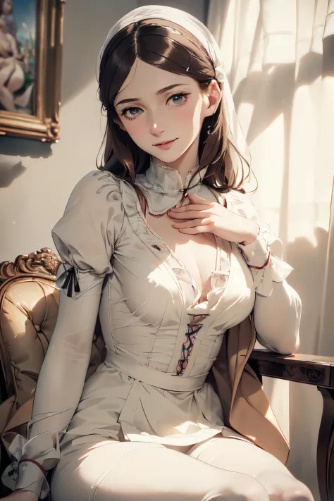 Florence Nightingale, (ballet clothes), sitting in a chair, smiling at the camera, white formal shirt, loose collar buttons, nip...