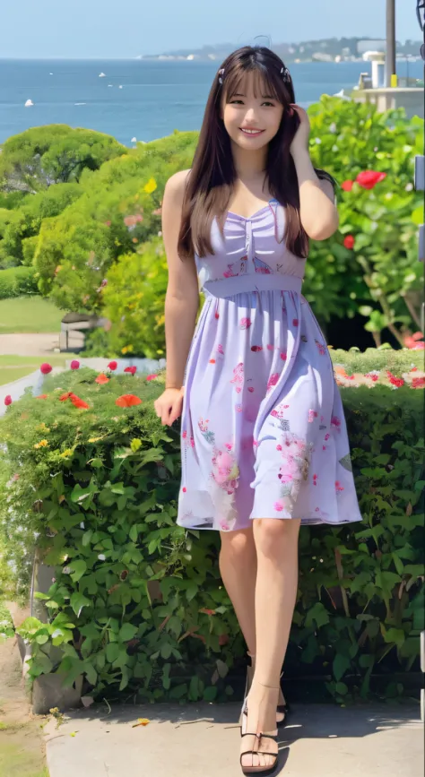 high-definition picture,masterpice, (Best Quality), ((best detailed)), depth of fields, beautiful  Girl, Full-body high-definition images,Beautiful face,In a flower bed in a beautiful park overlooking the sea, Nature, Spirit, florals, colorful scenery, Flo...