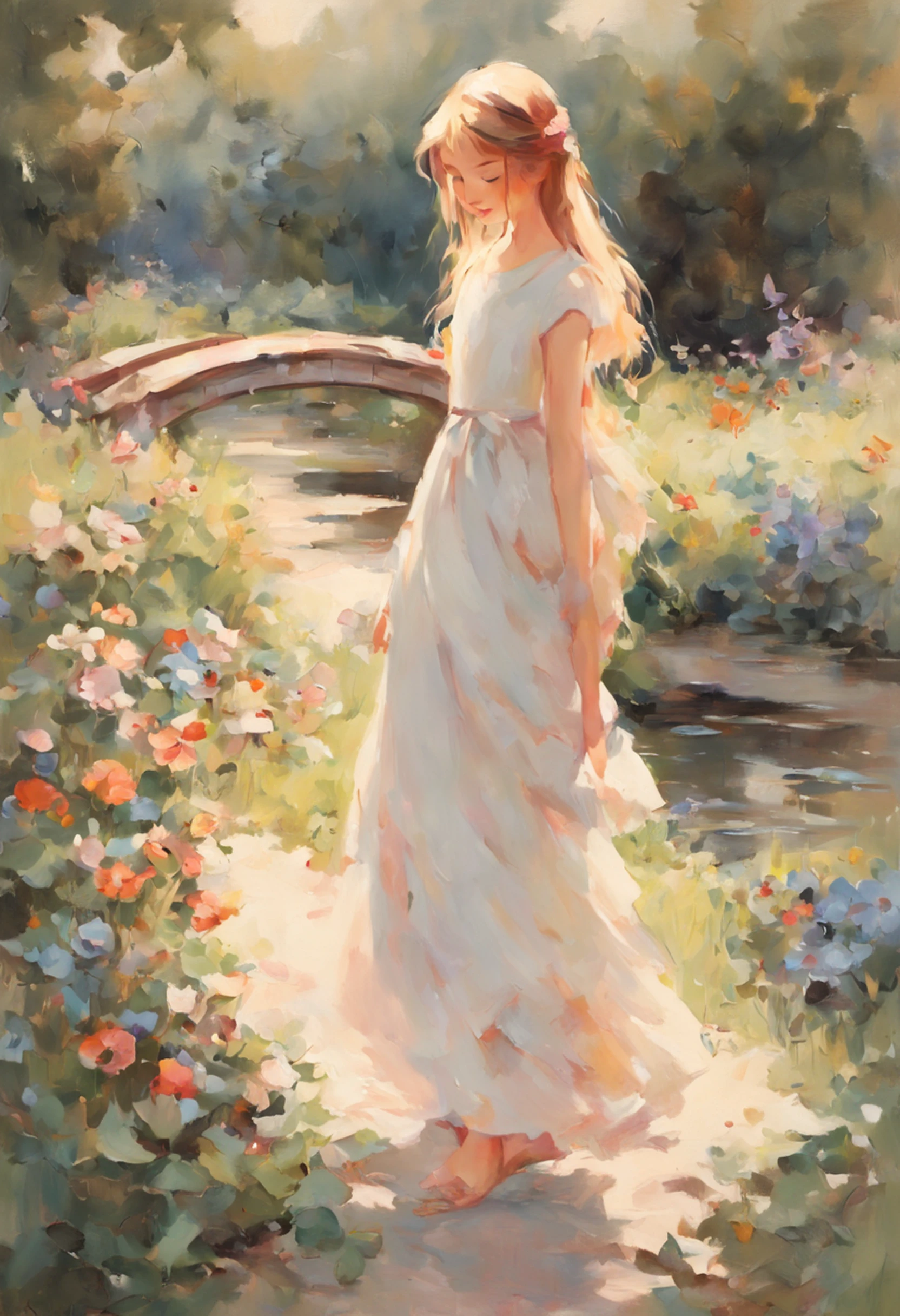 A girl in a garden, oil painting, vibrant colors, soft sunlight, blooming flowers, a hidden path leading to a small bridge over a pond, butterflies fluttering around the girl, an elegant dress flowing with the breeze, a gentle smile on her face.