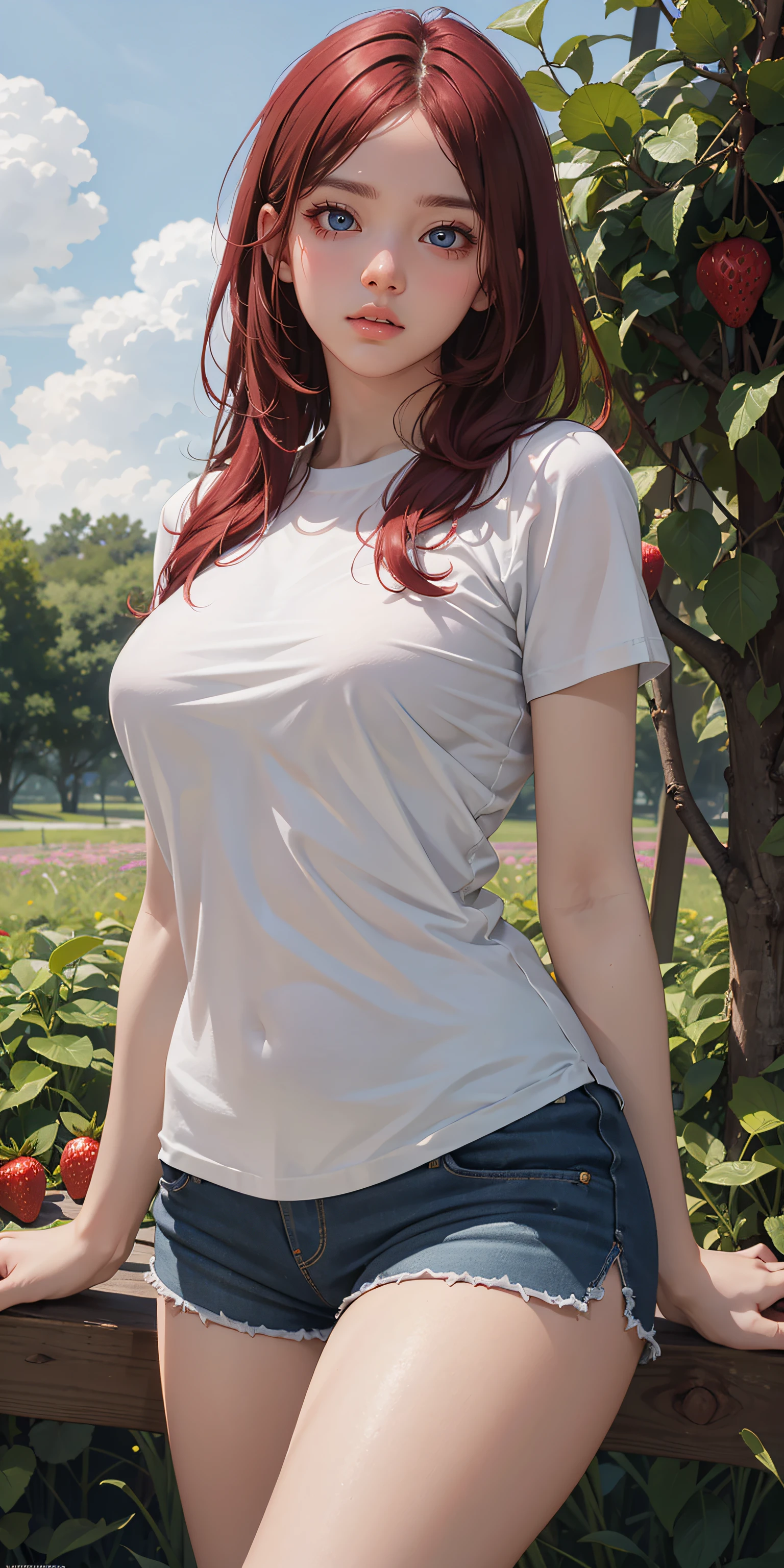 (obra maestra, mejor calidad, ultra detallado, fondo de pantalla 8k, Fotorrealista), 1 chica, cuerpo curvilíneo pero esbelto, cabello rojo, ojos verdes, vistiendo una camisa blanca y pantalones cortos, ((expresión tímida)), campo de fresas con detalles elaborados y exuberante vegetación, cielo brillante