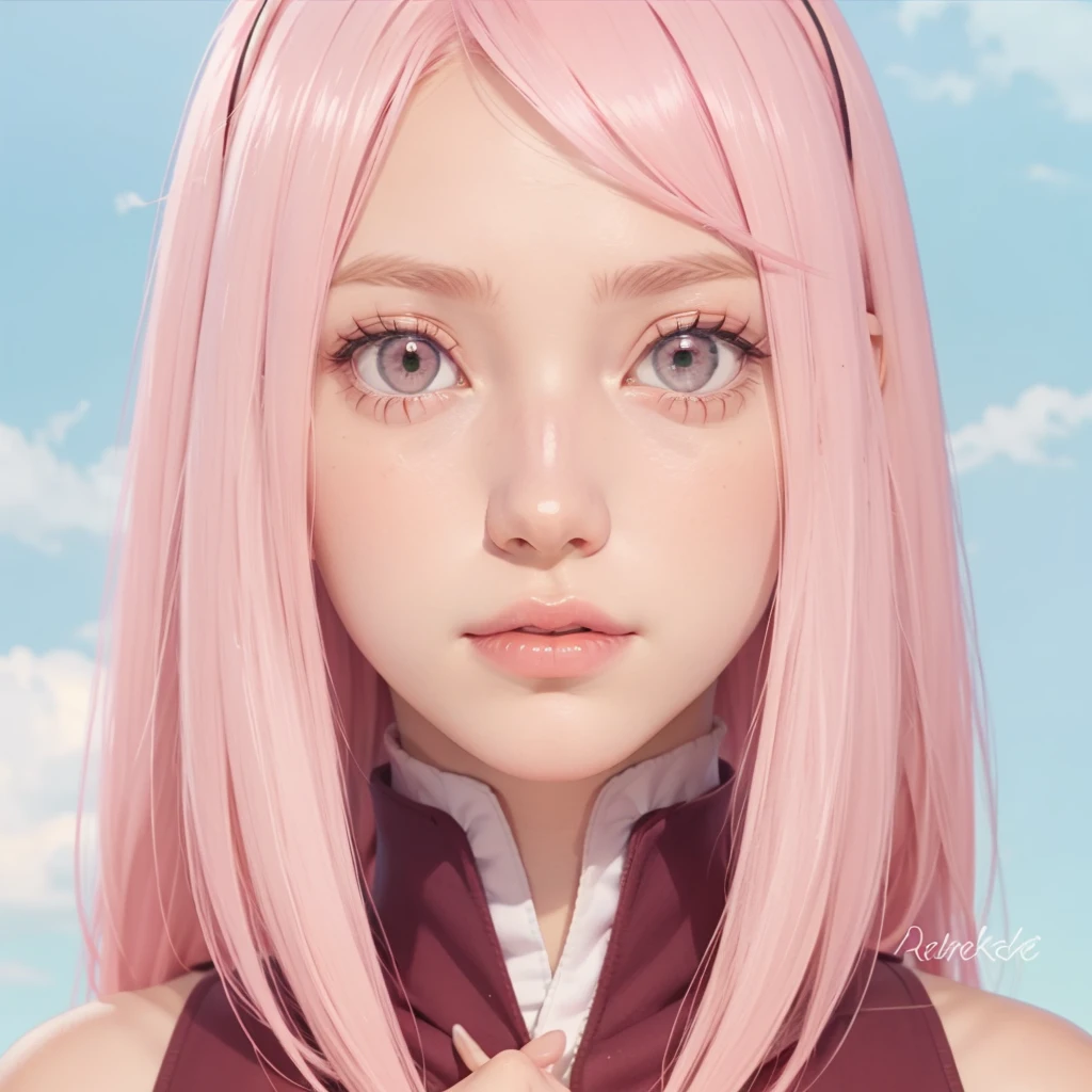 mulher jovem, pele de pêssego, cabelo curto rosa chiclete, Testa grande, olhos verdes, nariz abotoado, grandes lábios rosados, Corpo esguio, seios grandes, Roupas vermelhas, Sakura Haruno, 3d, Vila