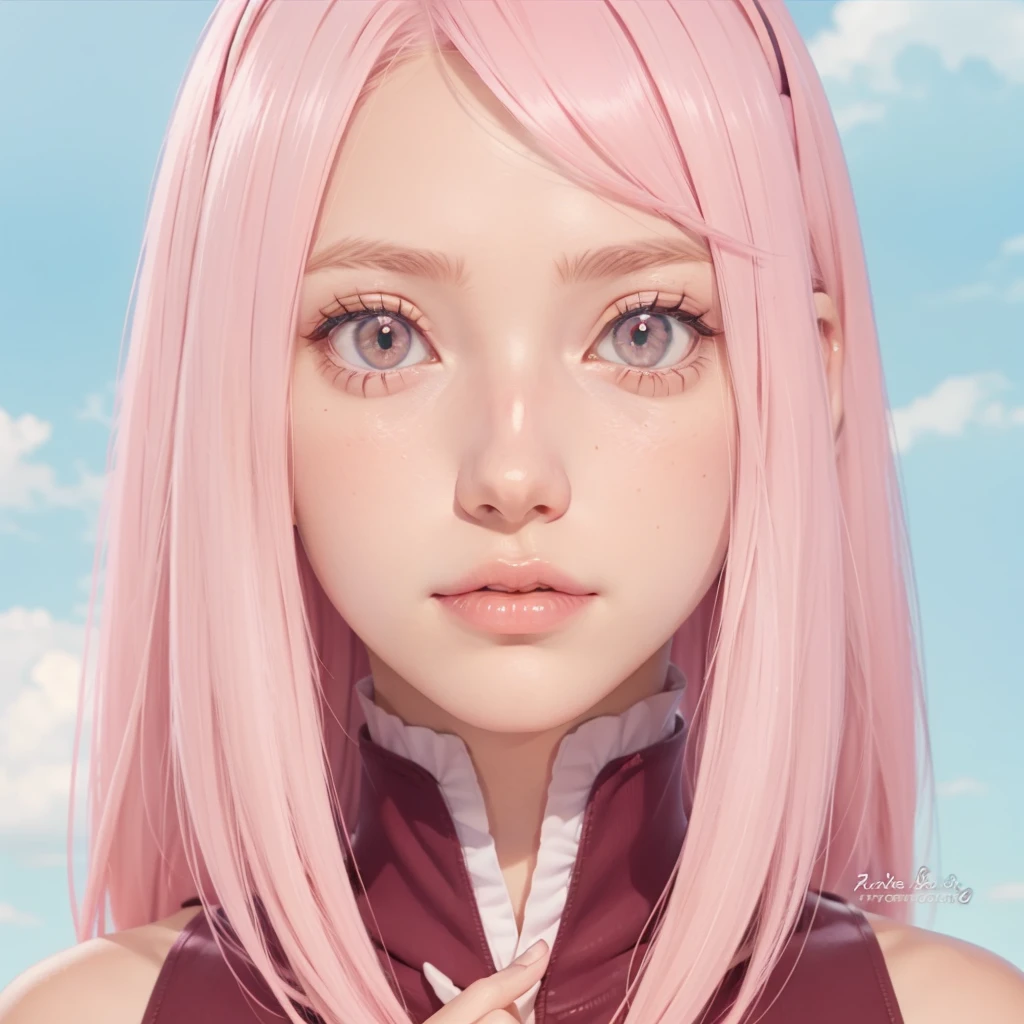 jeune femme, peau de pêche, cheveux courts rose bubblegum, front large, yeux verts, nez boutonné, grandes lèvres roses, Corps mince, Gros seins, Vêtements rouges, Sakura Haruno, 3D, village