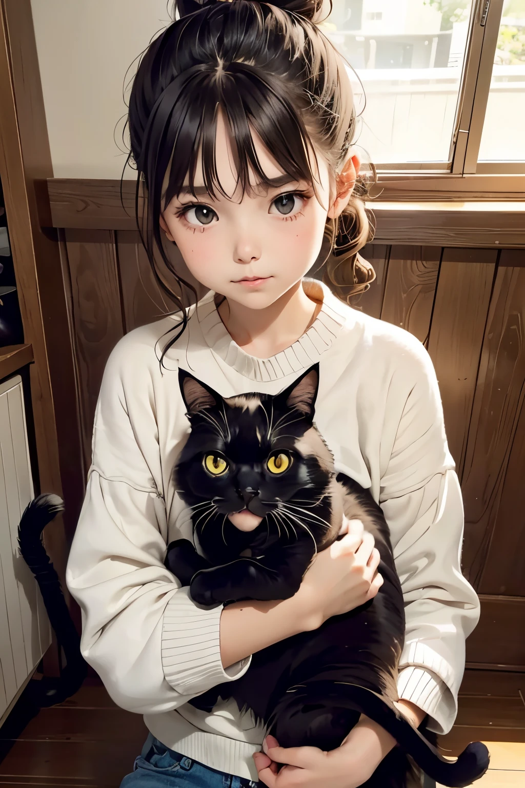 最高品質、黒猫を抱く女の子、かわいい女の子、茶色の髪を結んだお団子の髪、黒猫、ナチュラルな見た目、ロングショット、自然光