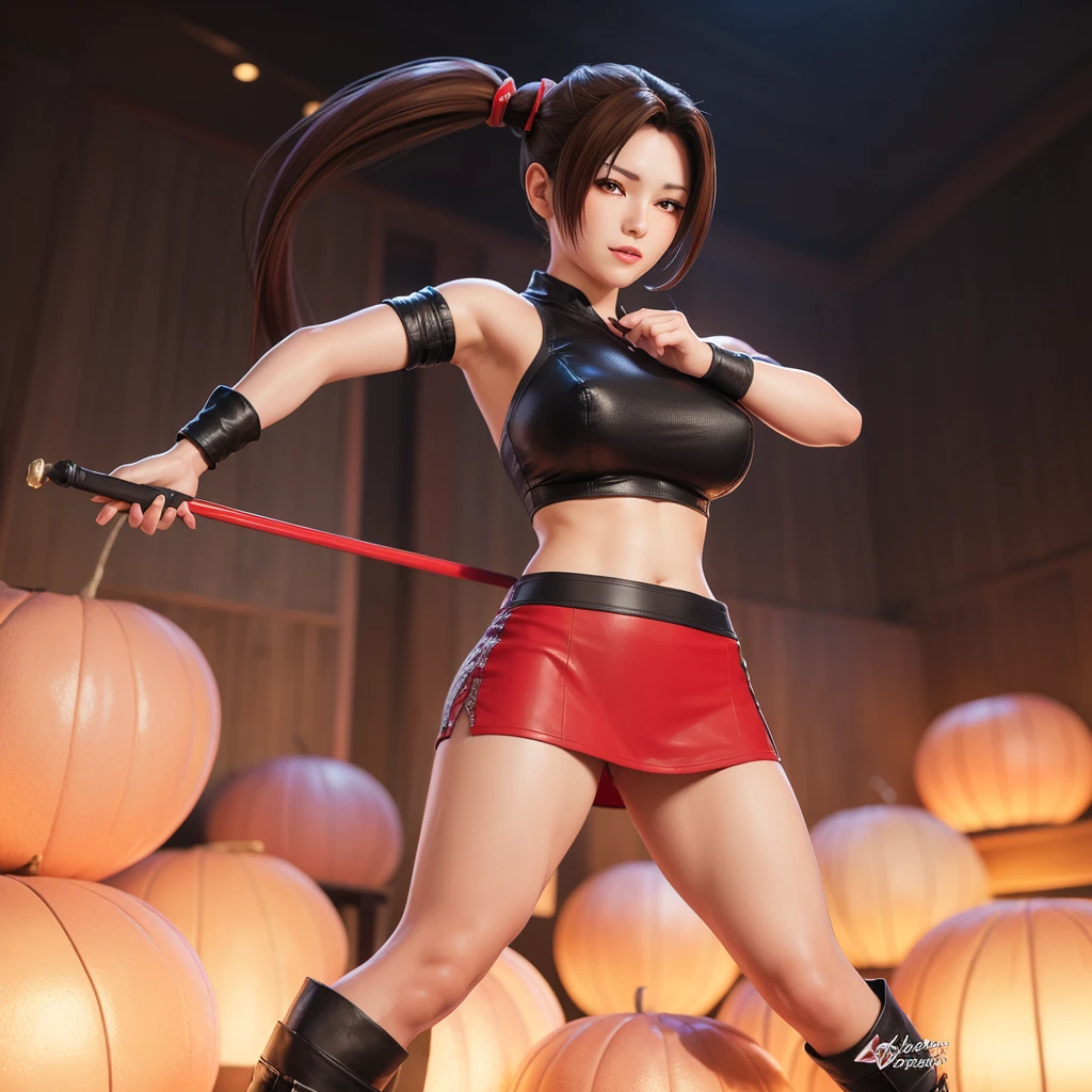 Mai Shiranui, (beste Qualität, ultradetailliert, Realistisch:1.37), zartes Gesicht, detailliertes Gesicht, Süßer Lächeln-Ausdruck, Perfekter Körper, Ultrarealistische Textur, Porträt, lebendige Farben, sanfte Beleuchtung