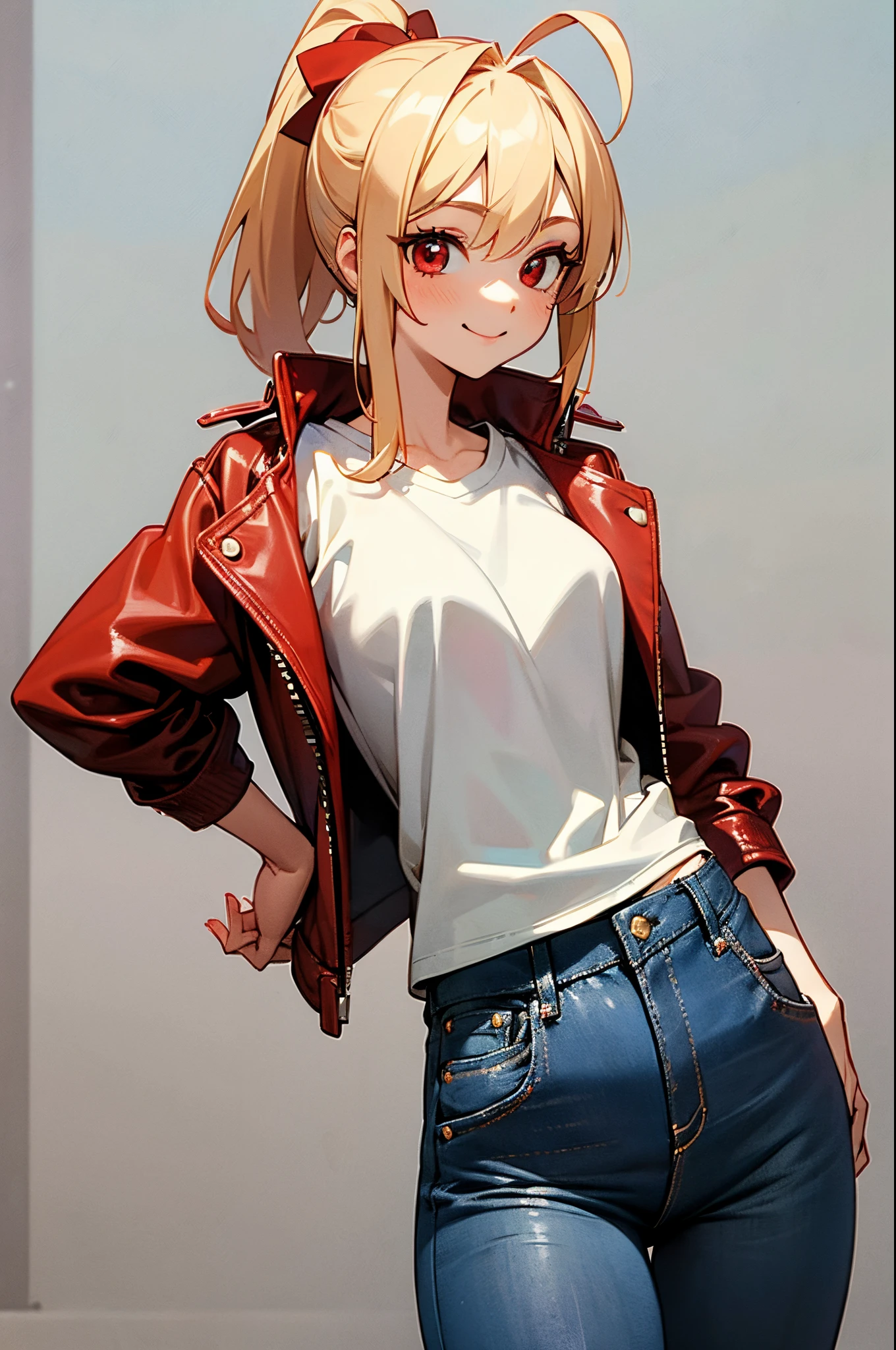 Anime girl with ponytail and leather jacket posing for a picture - SeaArt AI