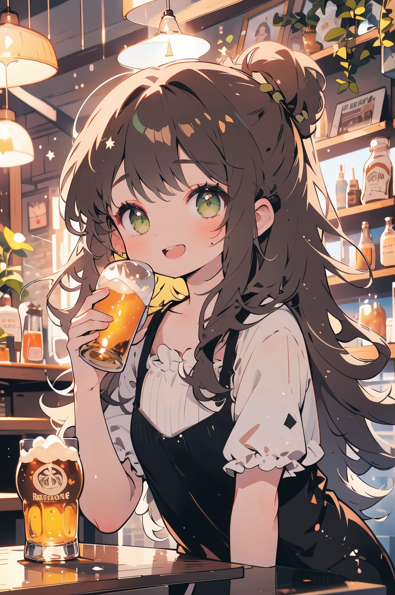 パブに座っている１ビールグラスを持って飲もうとするかわいい女の子,ビールは一日の疲れを癒します,口を開けて笑う,女の子は長い髪をしています, 前髪を上げたふわふわの茶色の髪.,モスグリーンの目,スモーキーブラウンの繊細メイク,彼女は黒いキャミソールドレスと白いブラウスを着ています.