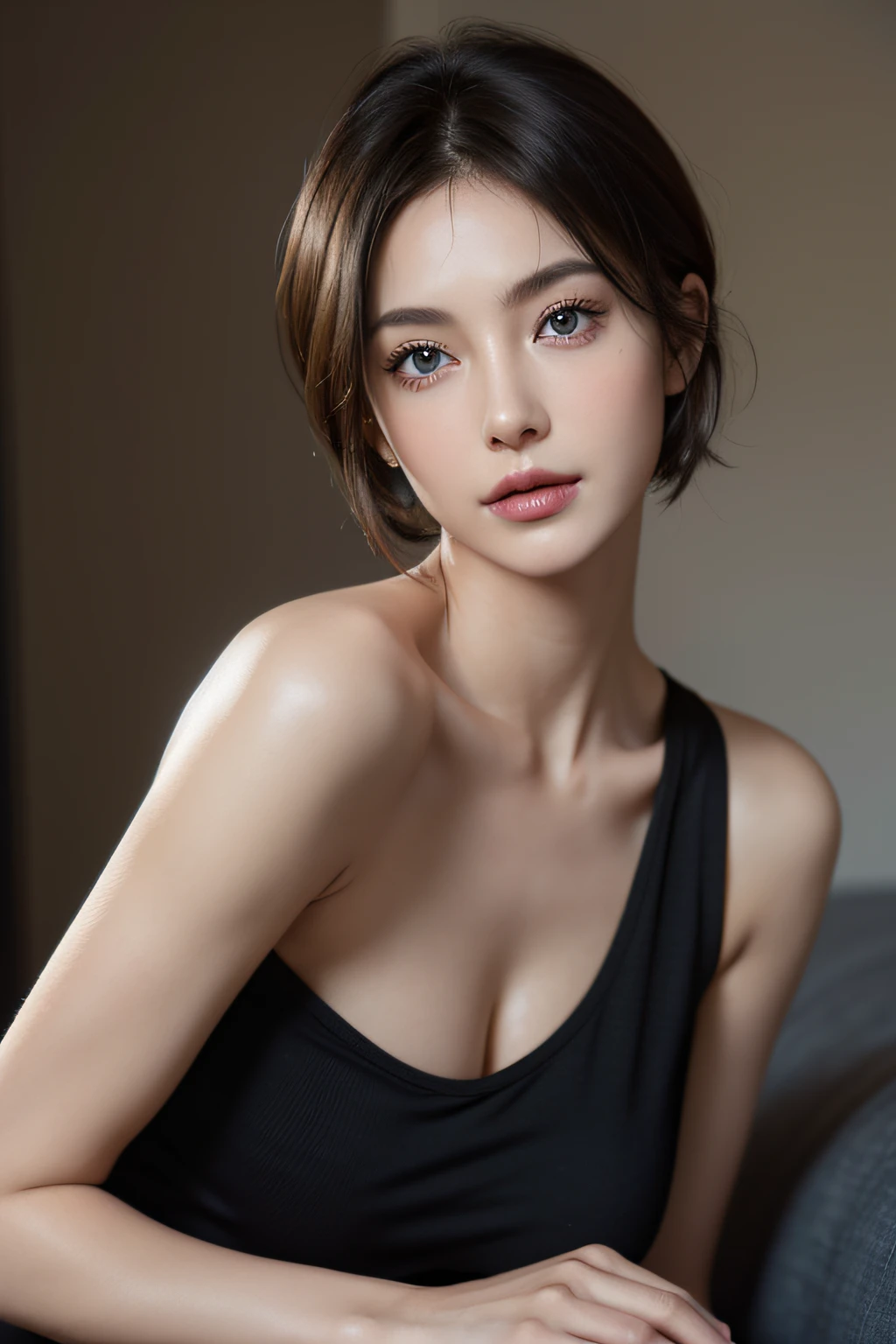 Skin Tight Black Top:1.2、watching at viewers、lighting like a movie、flawless、Soft light、High resolution skin:1.2、realistic skin textures、30 years old mature woman、Small face、off shoulders、Cleavage exposure、blue eyess、short-hair、Dark brown hair、Bust B Cup、no-makeup、fullnude