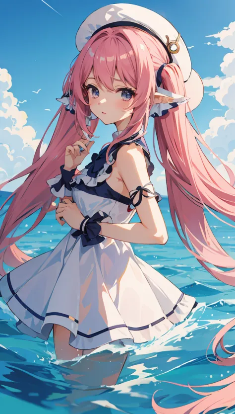 garota anime com cabelo rosa e vestido azul, aesthetic cute with flutter, arte digital no pixiv, cabelo rosa twintail e olhos ci...